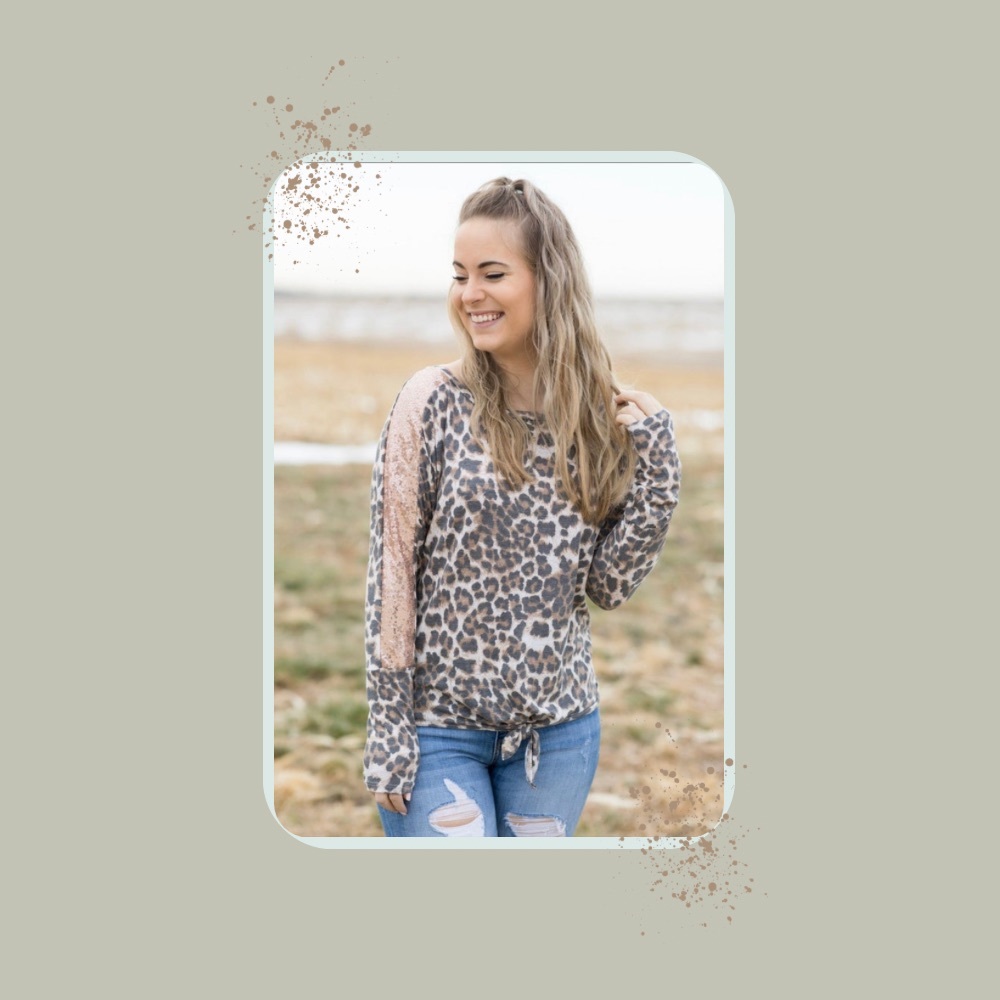 Animal Print And Sequin Front Tie Top In Rose Gold